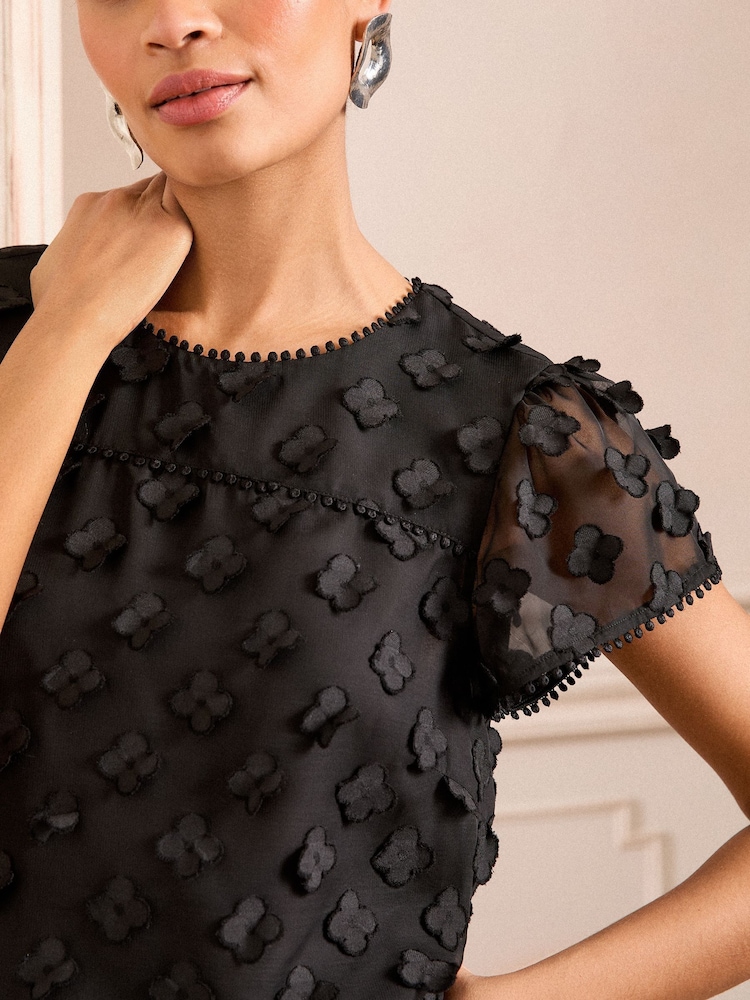 Love & Roses Black 3D Floral Print Short Sleeve Top - Image 2 of 4