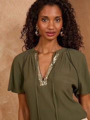 Love & Roses Khaki Green Sequin V-Neck blouse - Image 2 of 4