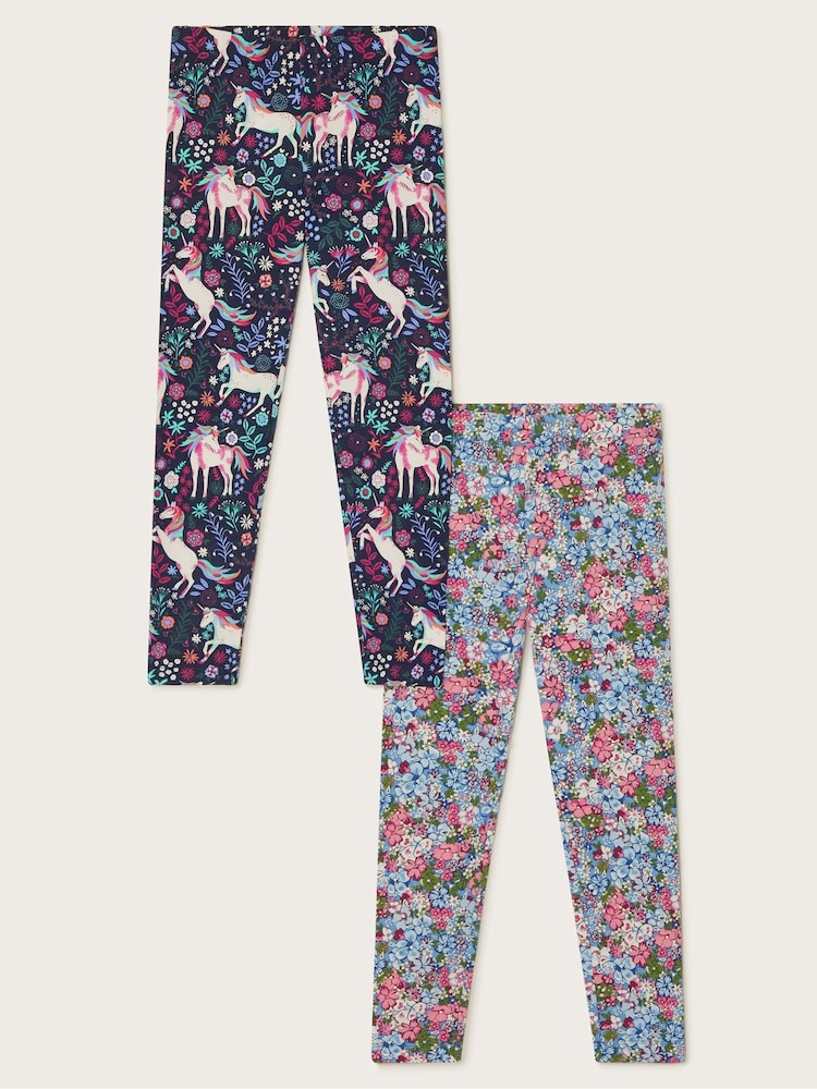 Monsoon – Leggings mit Einhorn-Blumen-Print im 2er-Pack - Bild 1 von 2