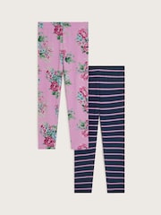 Monsoon Blue Floral and Stripe Leggings 2 Pack - Image 1 of 2