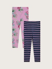 Monsoon Blue Floral and Stripe Leggings 2 Pack - Image 2 of 2