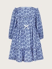 Monsoon Blue Long Sleeve Floral Frill Dress - Image 1 of 2