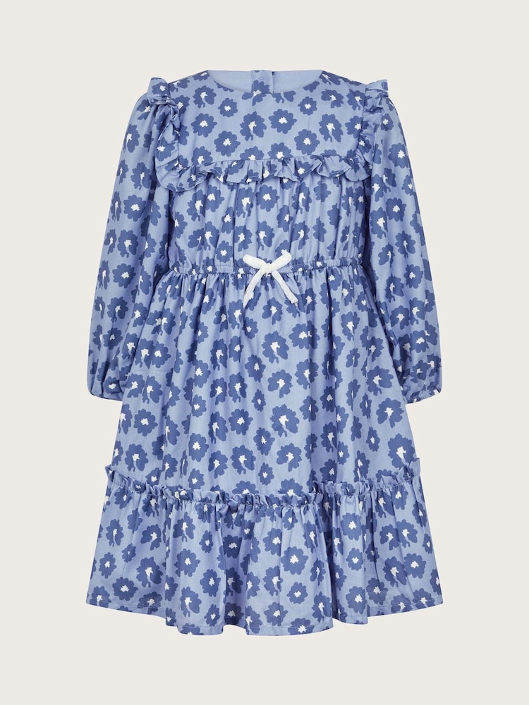 Monsoon Blue Long Sleeve Floral Frill Dress - Image 1 of 2