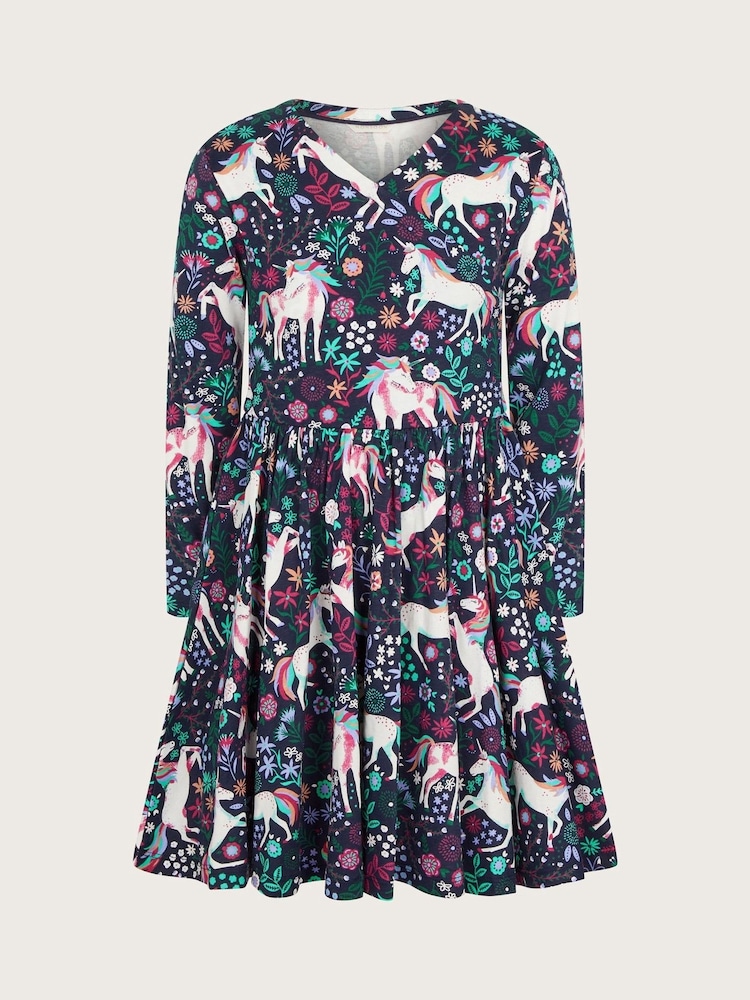 Monsoon Blue Long Sleeve Unicorn Print 100% Cotton Dress - Image 1 of 2