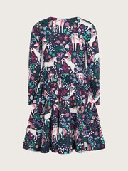 Monsoon Blue Long Sleeve Unicorn Print 100% Cotton Dress - Image 2 of 2