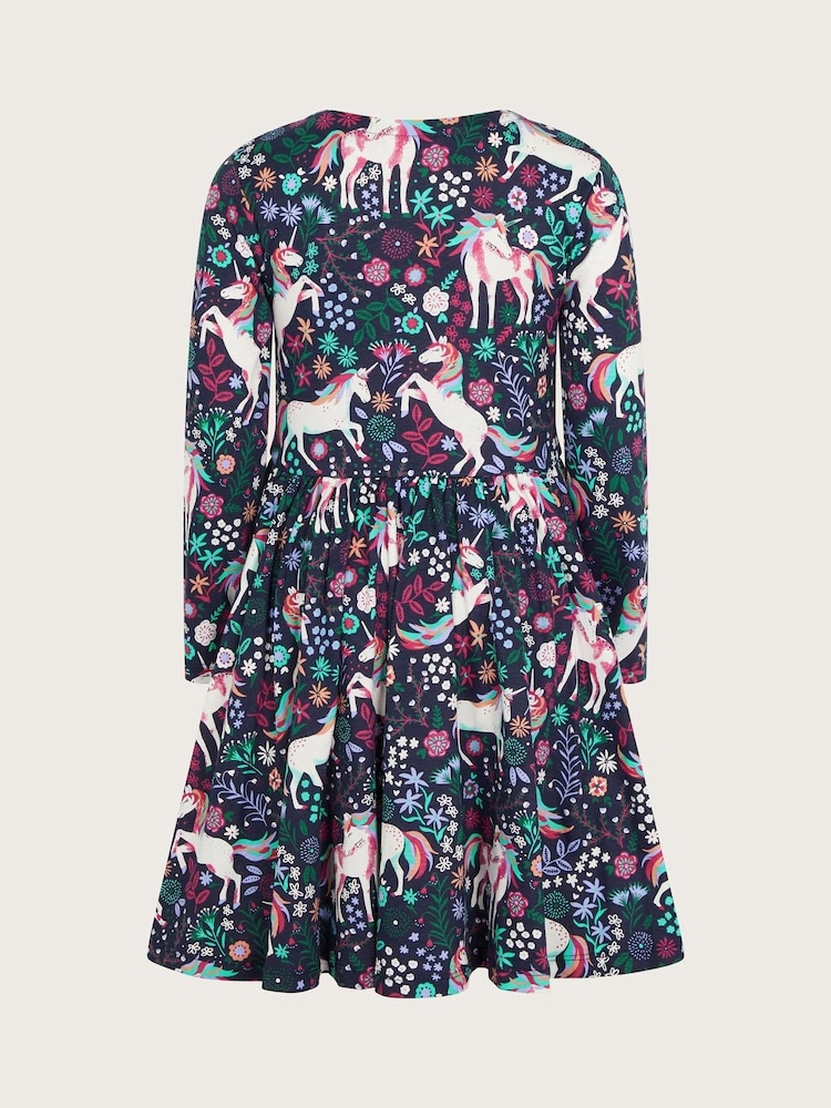 Monsoon Blue Long Sleeve Unicorn Print 100% Cotton Dress - Image 2 of 2