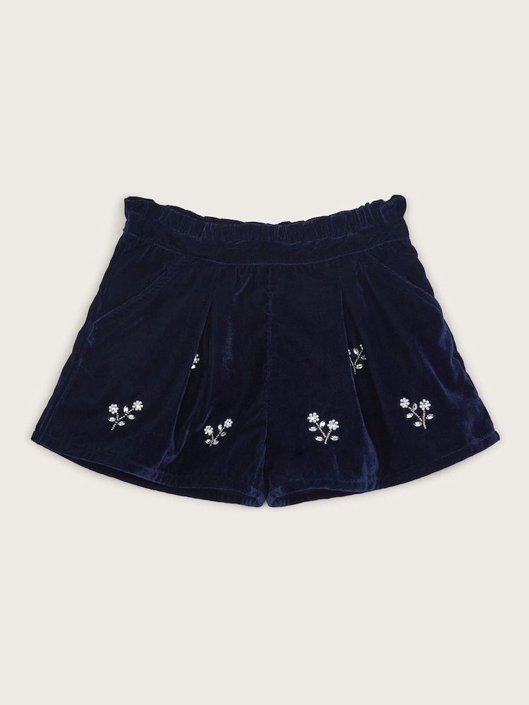 Monsoon Blue Flower Embellished Velvet Shorts - Image 1 of 2