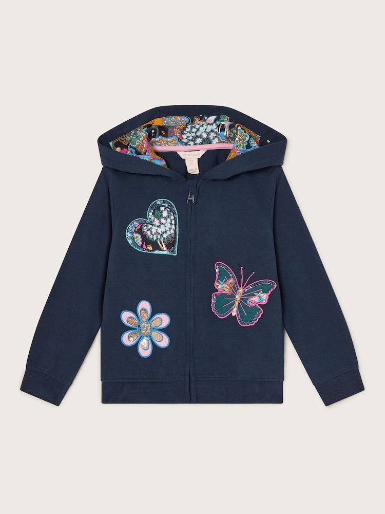 Monsoon Blue Embroidered Zip-Up 100% Cotton Hoodie - Image 1 of 2