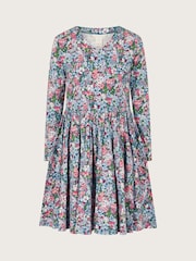 Monsoon Blue Long Sleeve Floral Print Jersey 100% Cotton Dress - Image 1 of 1