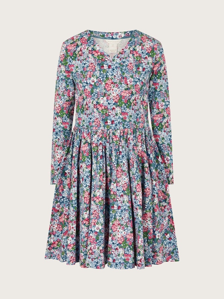 Monsoon Blue Long Sleeve Floral Print Jersey 100% Cotton Dress - Image 1 of 1