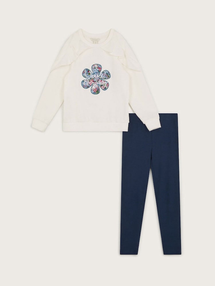 Monsoon Cream Embroidered Ruffle 100% Cotton Sweatshirt and Leggings Set - Image 1 of 2
