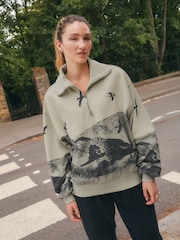 Grey/Olive 100% Cotton Graphic Print Scenic Outdoors Quarter Zip Neck Printed Long Sleeve Fleece Sweatshirt - Image 2 of 4