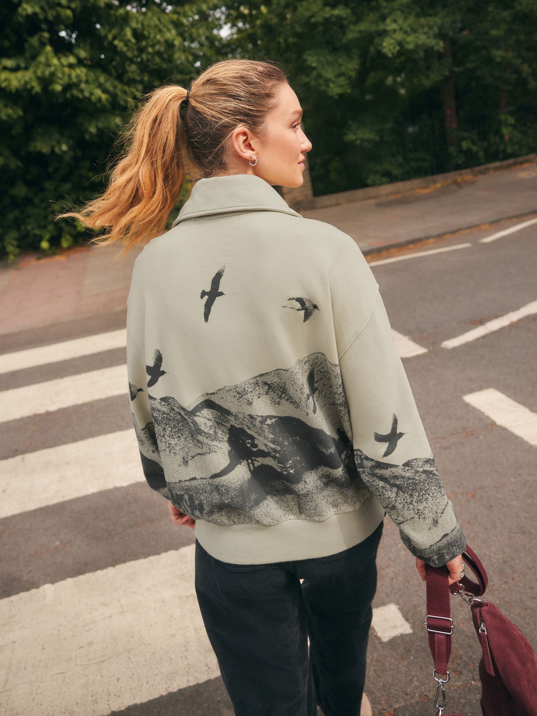 Buy Grey/Olive Green Graphic Print Scenic Quarter Zip Long Sleeve