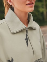 Grey/Olive 100% Cotton Graphic Print Scenic Outdoors Quarter Zip Neck Printed Long Sleeve Fleece Sweatshirt - Image 4 of 4