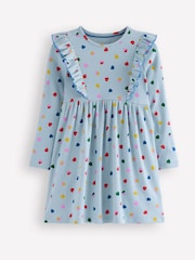 Boden Blue Heart Print Ruffle Rib Jersey Dress - Image 1 of 3