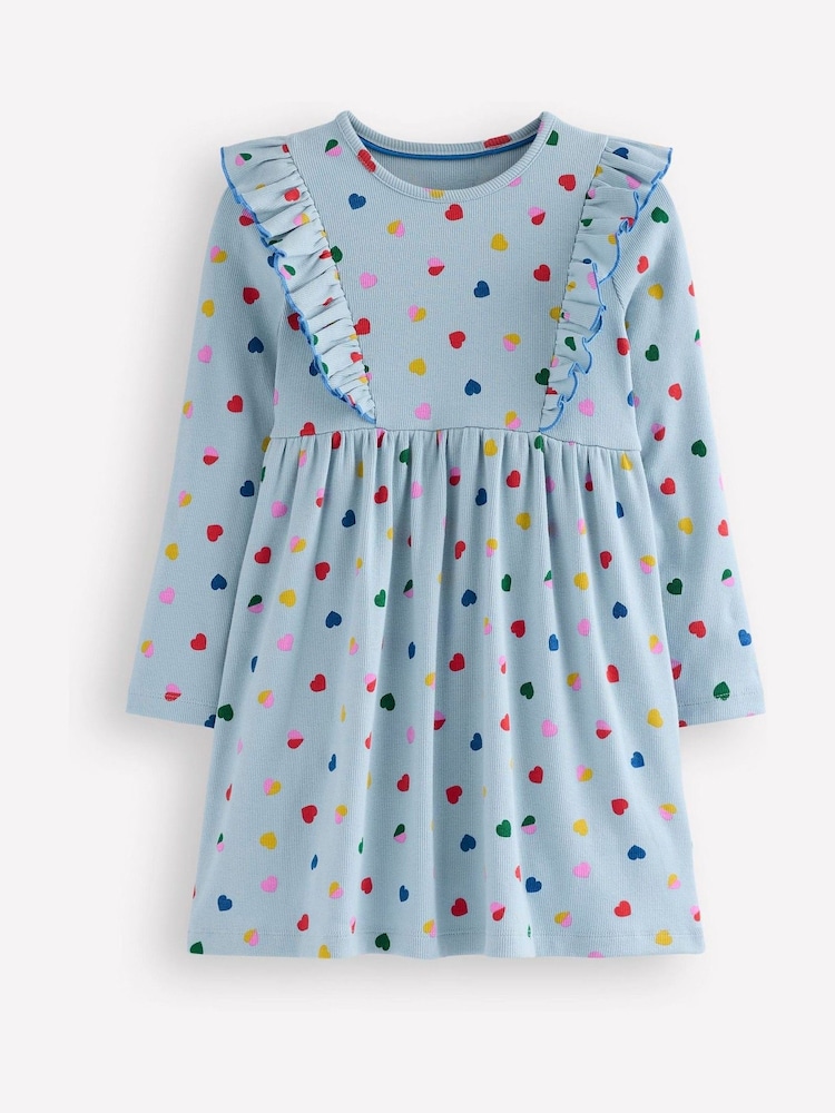 Boden Blue Heart Print Ruffle Rib Jersey Dress - Image 1 of 3