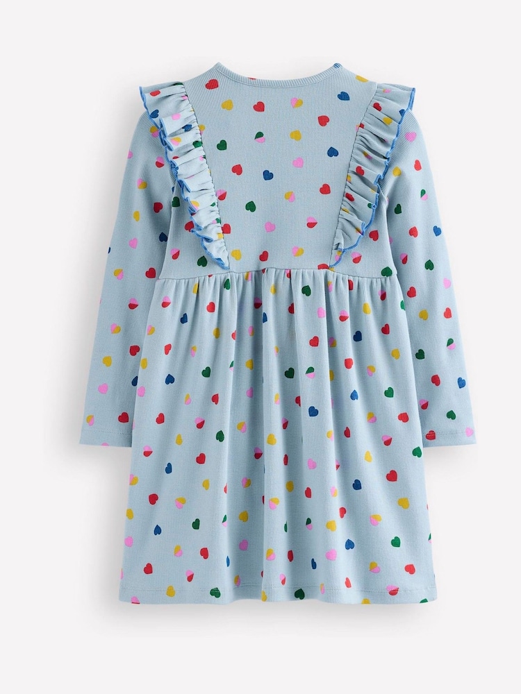 Boden Blue Heart Print Ruffle Rib Jersey Dress - Image 2 of 3 Boden Blue Heart Print Ruffle Rib Jersey Dress - Image 2 of 3