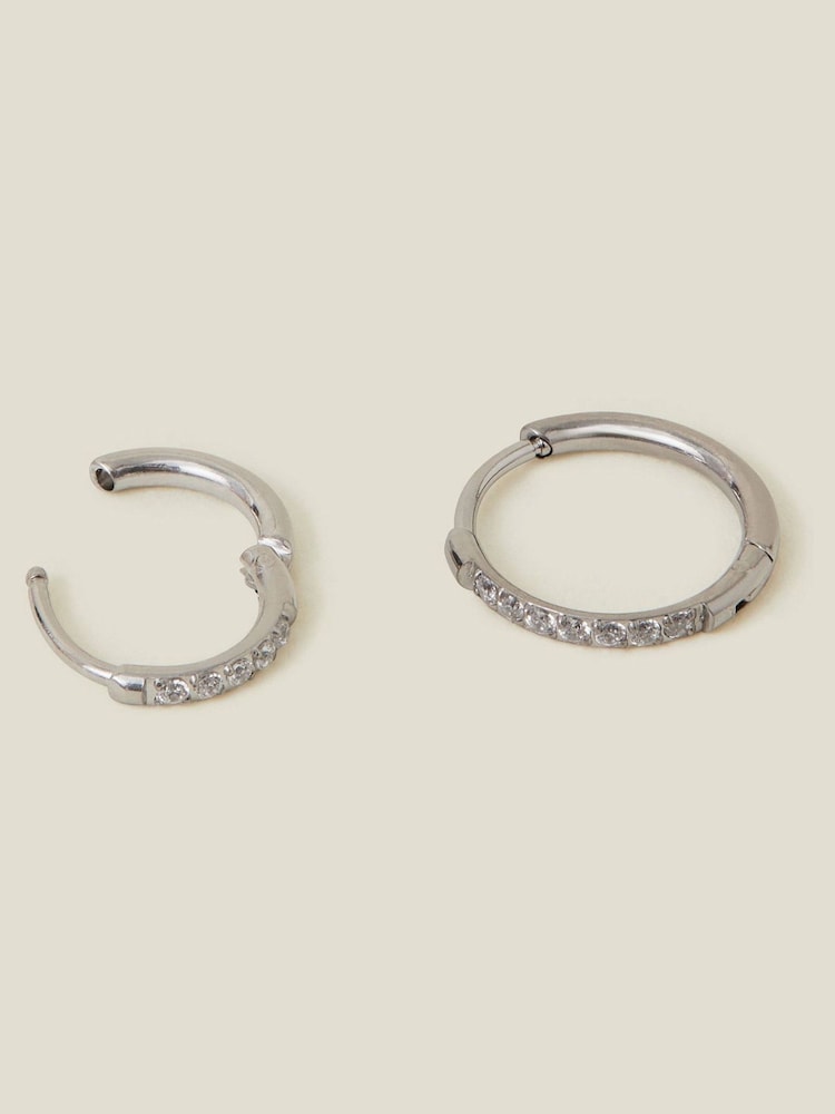 Accessorize Silver Platinum Plated Surgical Steel Pavé Clicker Hoops 2 Pack - Image 1 of 2