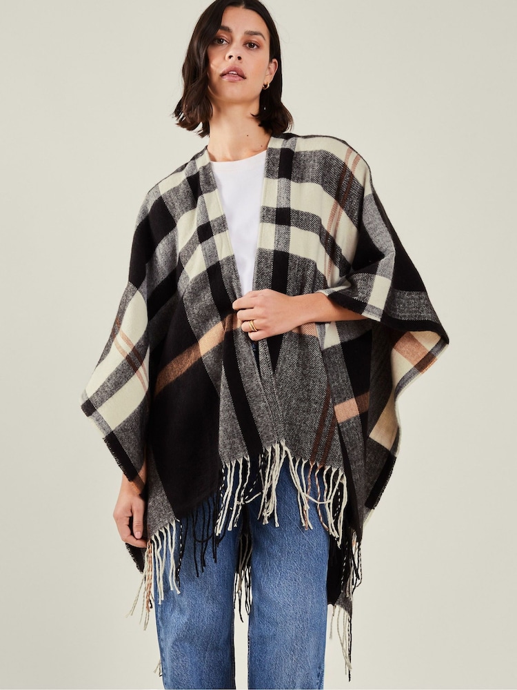 Accessorize Black Check Cape Poncho - Image 1 of 4 Accessorize Black Check Cape Poncho - Image 1 of 4