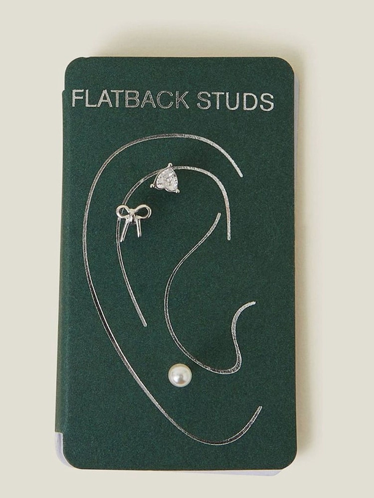 Accessorize Silver Platinum Plated Surgical Steel Flatback Stud Earrings 3 Pack - Image 2 of 3