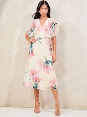Lipsy White Floral Printed Embellished Detail Fit And Flare Midi Dress - Image 1 of 5