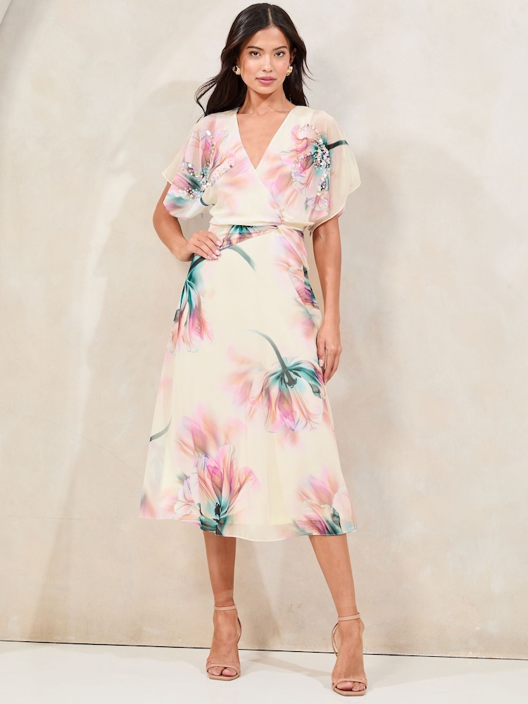 Lipsy White Floral Printed Embellished Detail Fit And Flare Midi Dress - Image 1 of 5