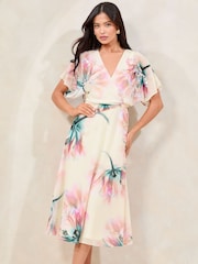 Lipsy White Floral Printed Embellished Detail Fit And Flare Midi Dress - Image 3 of 5