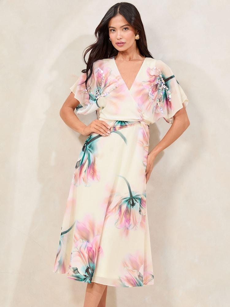 Lipsy White Floral Printed Embellished Detail Fit And Flare Midi Dress - Image 3 of 5