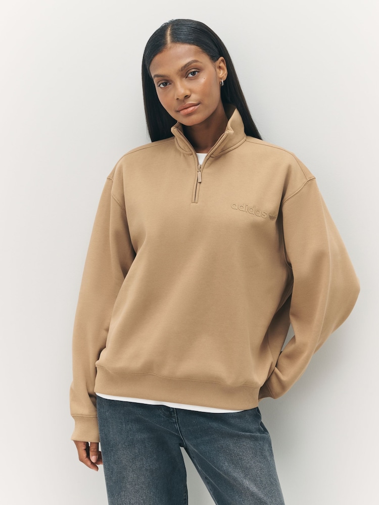 adidas Originals Brown Light Essentials Linear Oversizez Quarter Zip Sweatshirt - Image 1 of 5 adidas Originals Brown Light Essentials Linear Oversizez Quarter Zip Sweatshirt - Image 1 of 5
