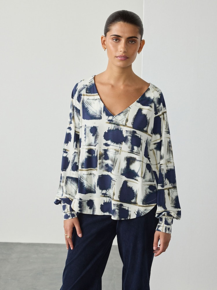 Navy Blue Long Sleeve V-Neck Jersery Blouse - Image 1 of 8 Navy Blue Long Sleeve V-Neck Jersery Blouse - Image 1 of 8