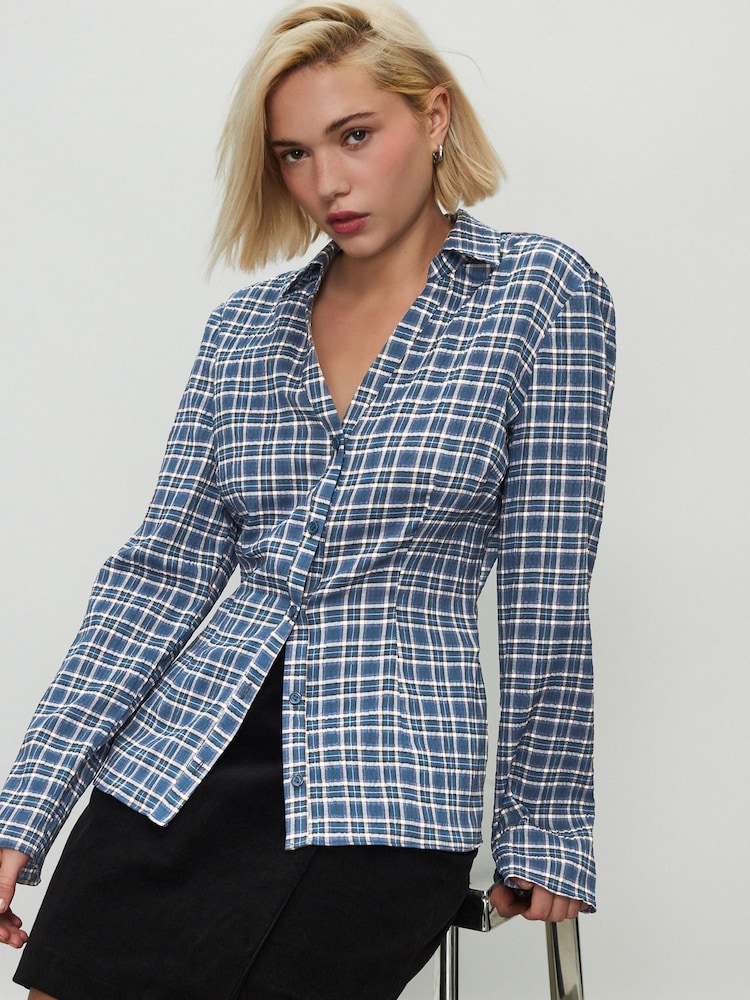 Blue Check Slim Long Sleeve Shirt - Image 2 of 7 Blue Check Slim Long Sleeve Shirt - Image 2 of 7