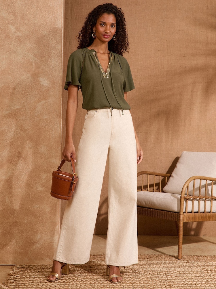 Love & Roses Khaki Green Petite Sequin V-Neck blouse - Image 3 of 4