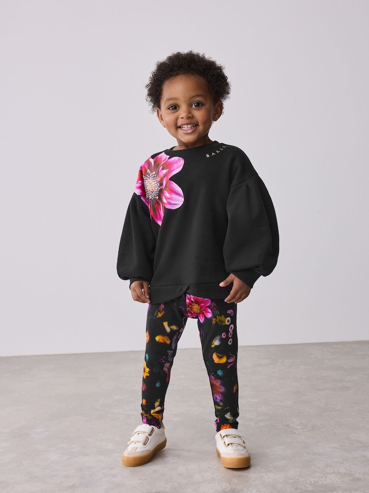 Baker by Ted Baker Flower Print Black Sweat Top and Leggings Set 2 Piece - Image 1 of 13