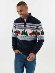 Threadbare Navy Blue Festive Road Trip Fairisle Quarter Zip Christmas Jumper - Image 1 of 4