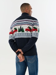 Threadbare Navy Blue Festive Road Trip Fairisle Quarter Zip Christmas Jumper - Image 2 of 4