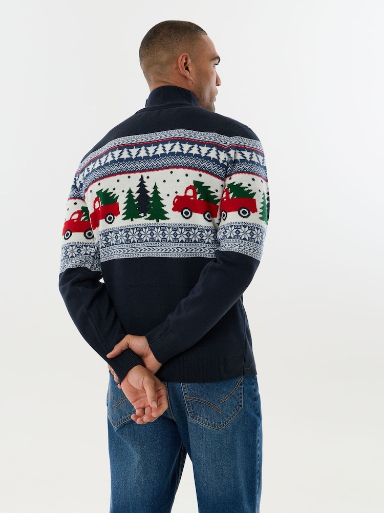 Threadbare Navy Blue Festive Road Trip Fairisle Quarter Zip Christmas Jumper - Image 2 of 4