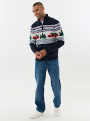 Threadbare Navy Blue Festive Road Trip Fairisle Quarter Zip Christmas Jumper - Image 3 of 4