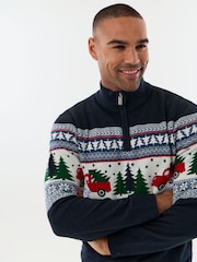 Threadbare Navy Blue Festive Road Trip Fairisle Quarter Zip Christmas Jumper - Image 4 of 4