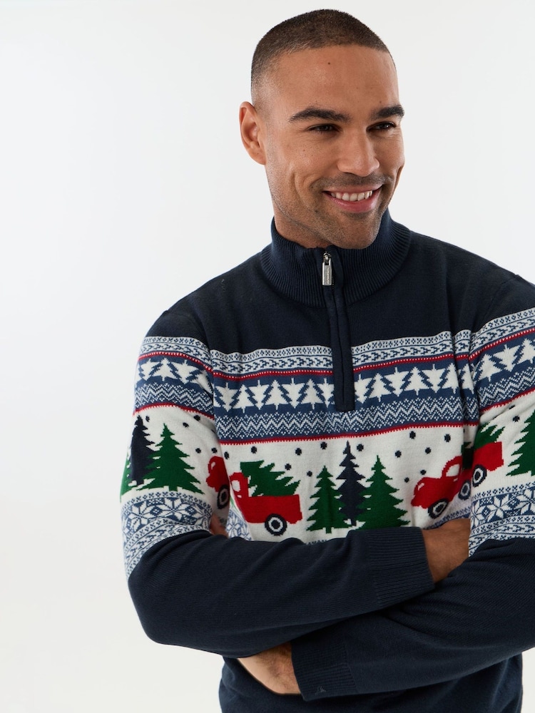 Threadbare Navy Blue Festive Road Trip Fairisle Quarter Zip Christmas Jumper - Image 4 of 4