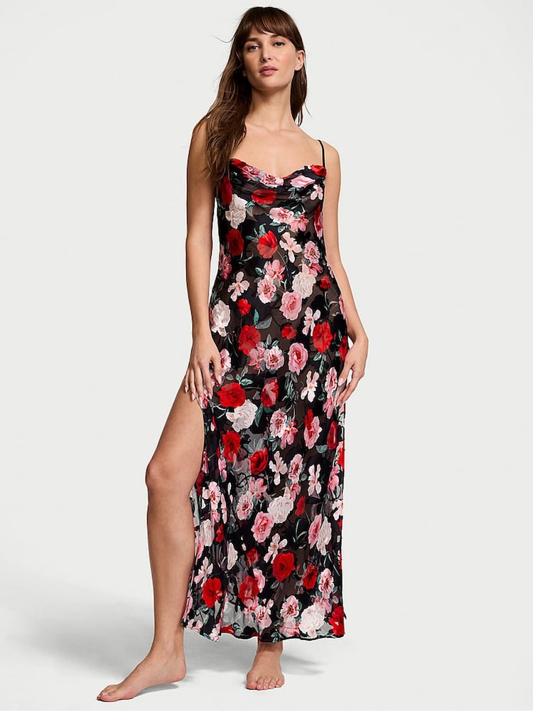 Victoria's Secret Black Floral Atelier Burnout Satin Plunge Dress - Image 1 of 4