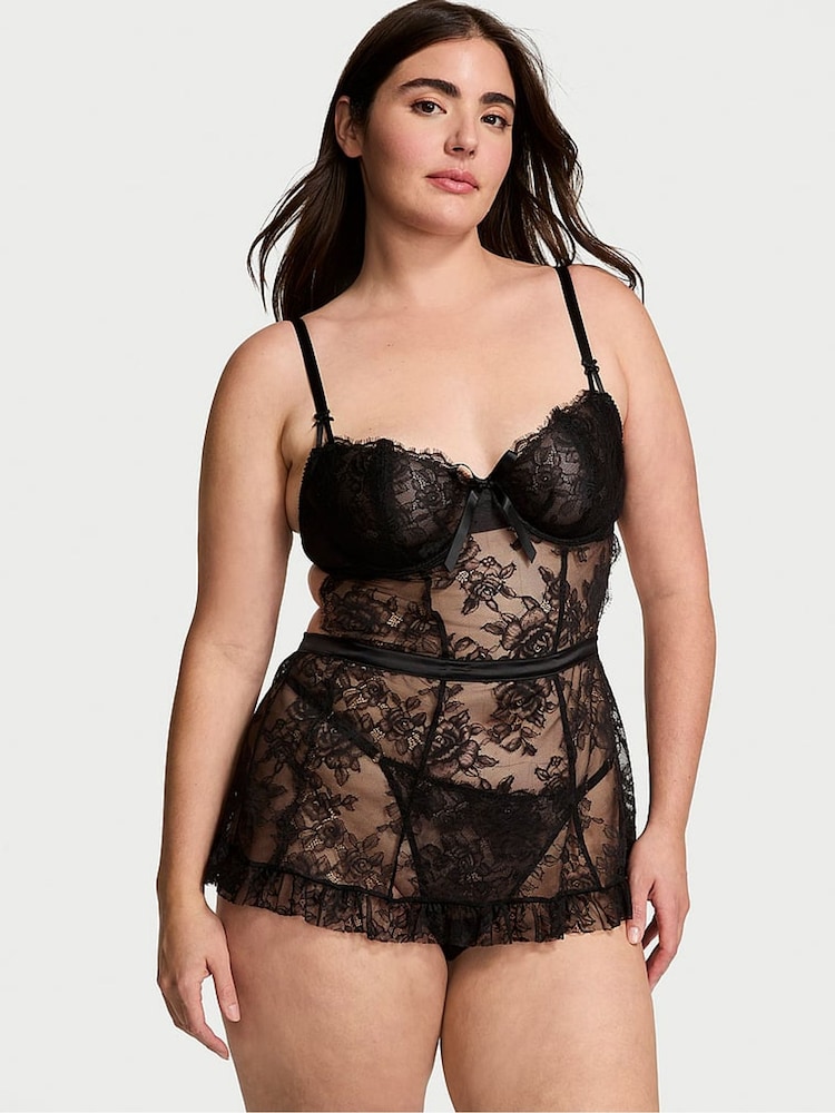 Victoria's Secret Black Lace Unlined Balcony Babydoll Set - Image 1 of 3