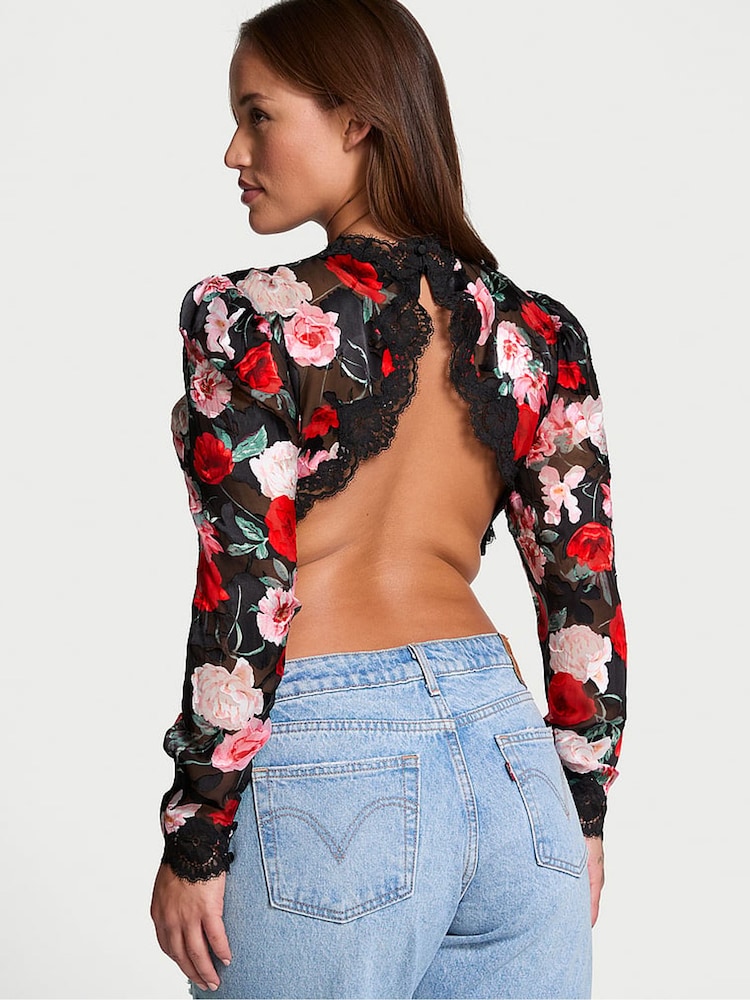 Victoria's Secret Black Floral Atelier Bolero Crop Top - Image 2 of 4