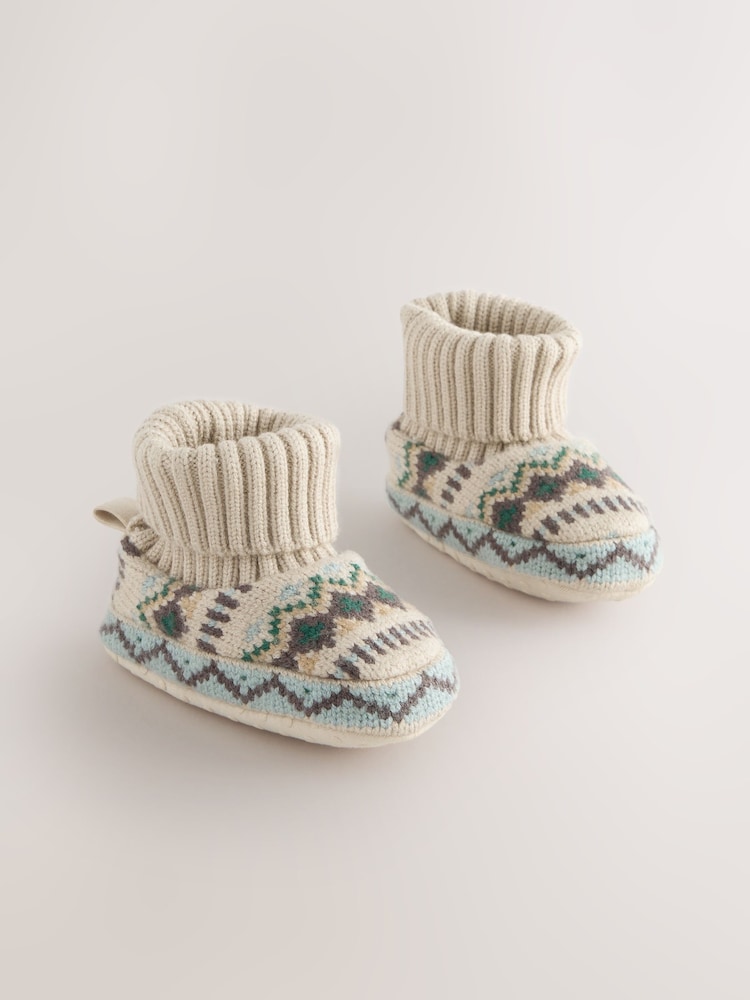 Neutral/Blue Fairisle Baby Sock Top Boot Shoes (0-2mths) - Image 1 of 5 Neutral/Blue Fairisle Baby Sock Top Boot Shoes (0-2mths) - Image 1 of 5