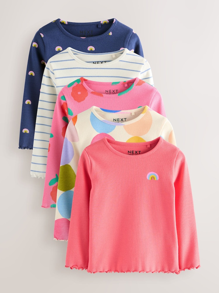 Rainbow Spot Long Sleeve Rib Tops 5 Pack (3mths-7yrs) - Image 1 of 12
