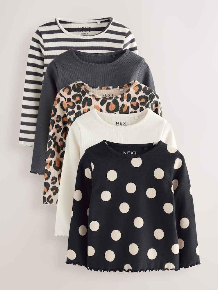 Black/White Long Sleeve Rib Tops 5 Pack (3mths-7yrs) - Image 1 of 13