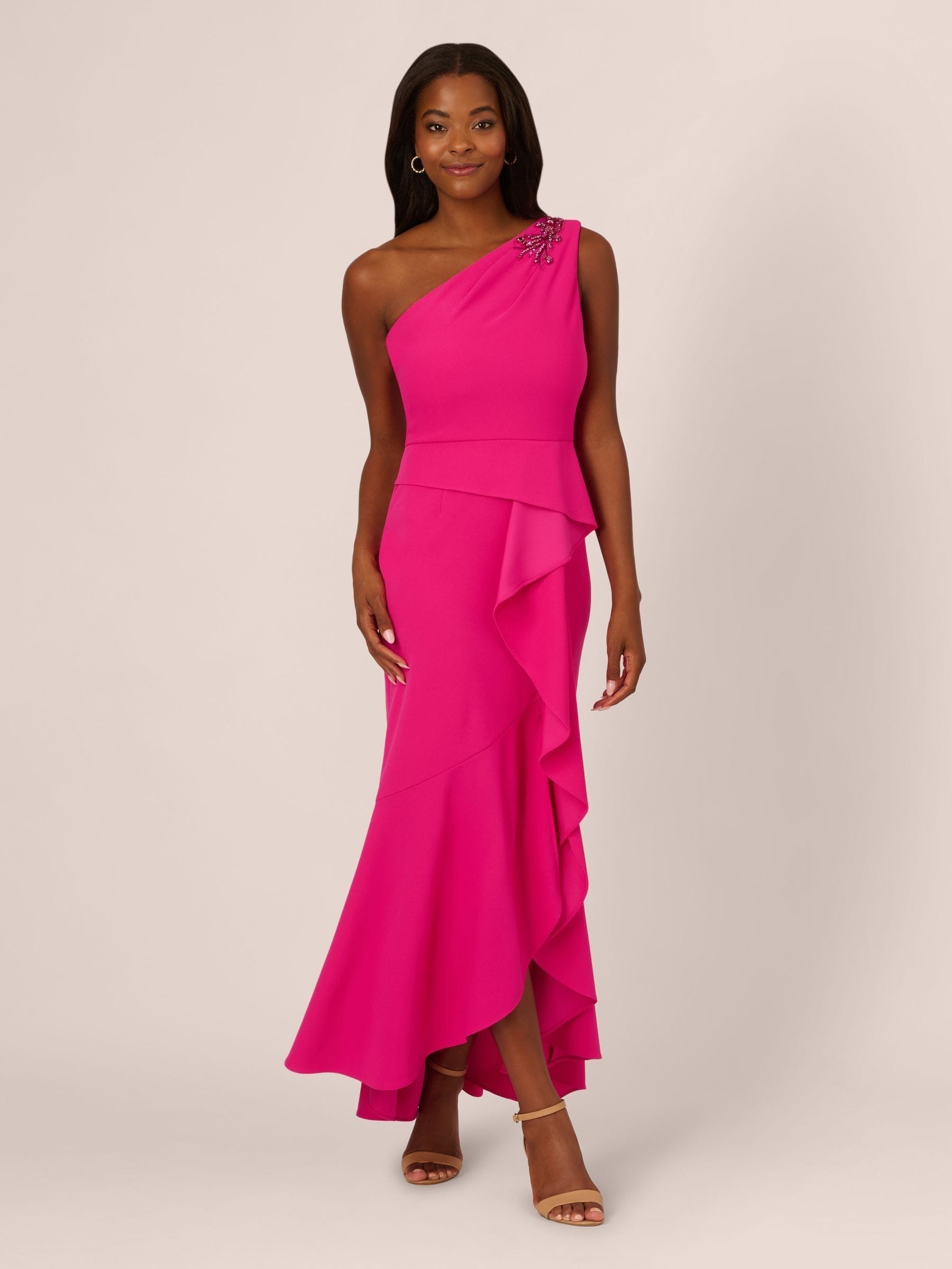 【海外限定】AdriannaPapell ドレス☆Pink Embellished Crepe Sh Buy Adrianna Papell Pink Studio Beaded Knit Crepe Gown from