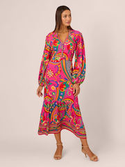 Adrianna By Adrianna Papell Pink Printed Midi Flounce Dress - Image 1 of 7