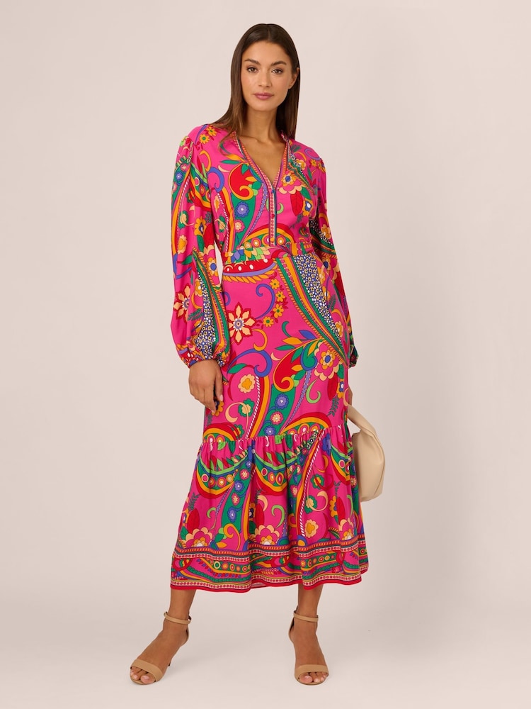Adrianna By Adrianna Papell Pink Printed Midi Flounce Dress - Image 3 of 7