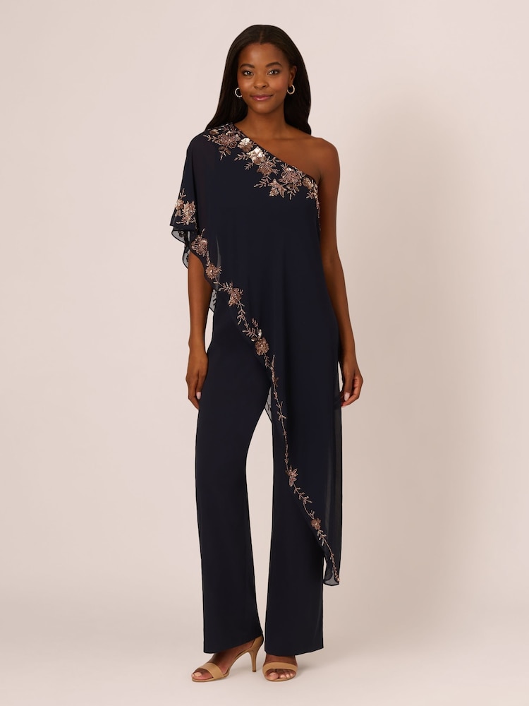 Adrianna Papell Blue One Shoulder Overlay Jumpsuit - Imagen 1 de 7