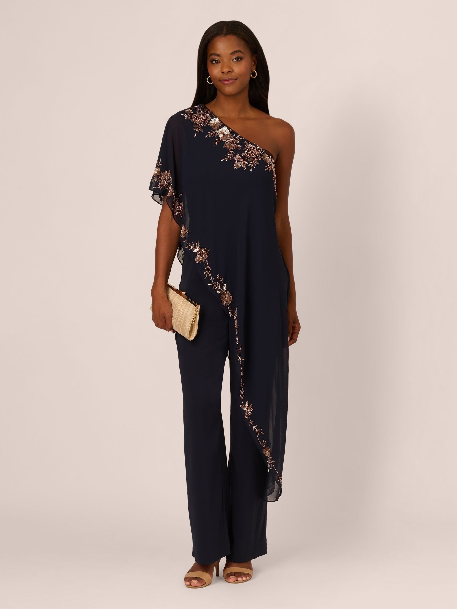 Buy Adrianna Papell Blue One Shoulder Overlay Jumpsuit from Buy Adrianna Papell Blue One Shoulder Overlay Jumpsuit from